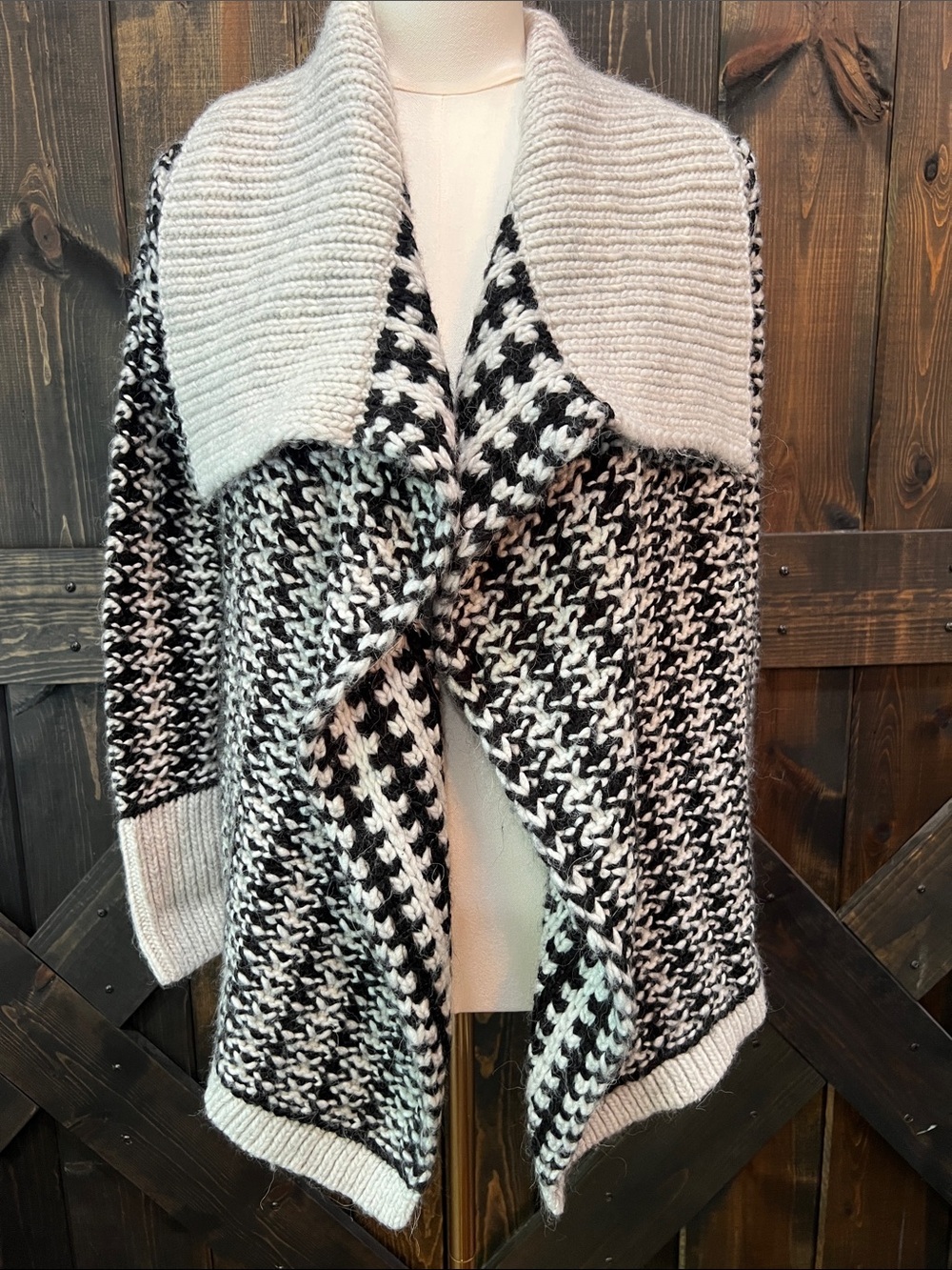 LOFT Wool Alpaca Blendâ Houndstooth Cardigan Sweater XS Black Ivory Open Chunky